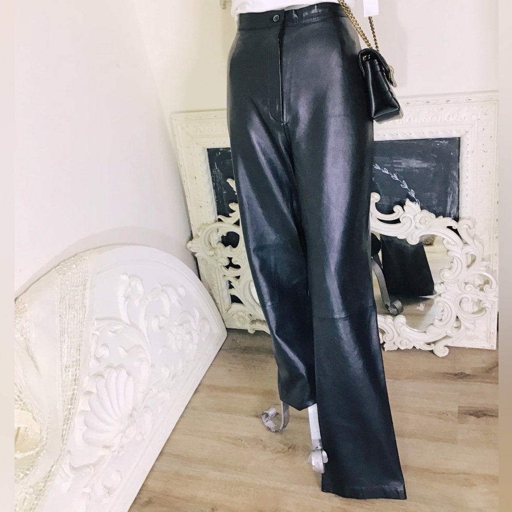 Black Leather Straight Leg Pants Trousers